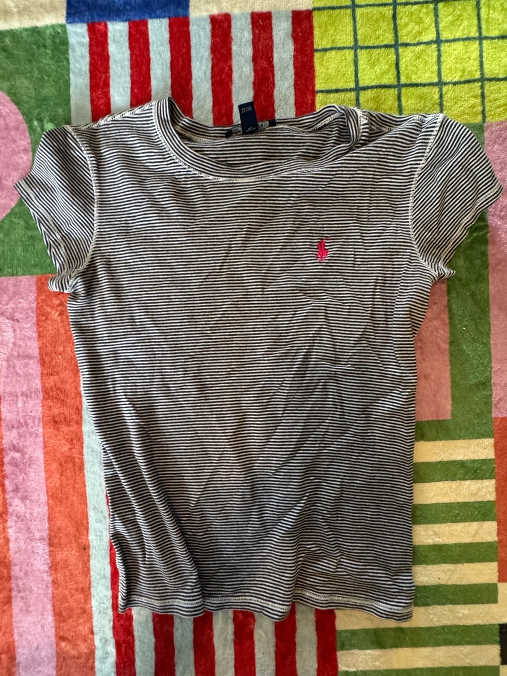 Ralph Lauren Navy & White Striped Tee with Pink Pony